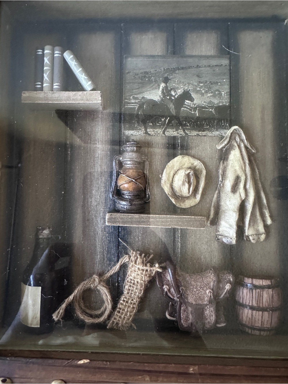 Vintage Western Cowboy Shadow Box 3D Wall Art Wooden Studded Frame Saddle Lasso - Picture 4 of 11